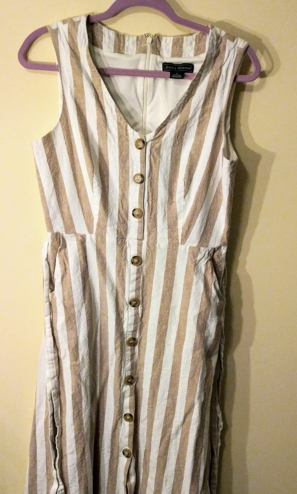Jessica Howard Linen Beige & White Striped Dress